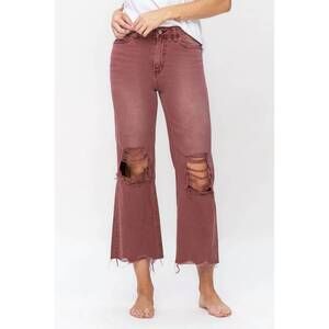 NEW VERVET BY FLYING MONKEY high rise cropped flare distressed jeans in brown